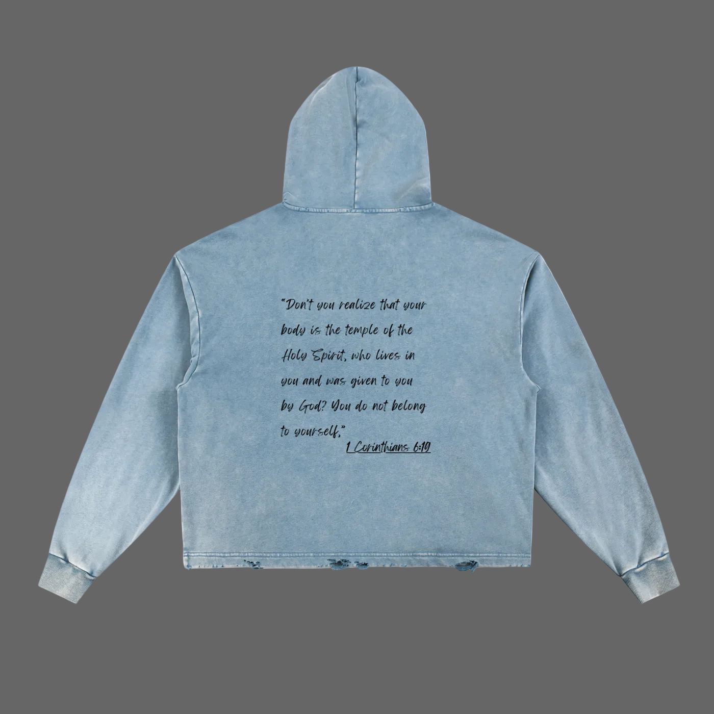 Light blue hoodie with text on the back against a white background